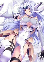 Rule 34 | 1girl, absurdres, android, armor, blue hair, breasts, chain, cleavage, elbow gloves, faulds, garter straps, gloves, headgear, highres, kos-mos, kos-mos ver. 4, large breasts, long hair, looking to the side, open mouth, red eyes, silver hair, solo, thighhighs, tro (trombe), underboob, very long hair, xenosaga, xenosaga episode iii, zoom layer