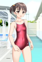 Rule 34 | 1girl, absurdres, black hair, brown eyes, collarbone, commentary request, competition school swimsuit, contrapposto, covered navel, highres, indoors, one-piece swimsuit, open mouth, original, poolside, red one-piece swimsuit, round teeth, school swimsuit, short hair, side ponytail, solo, stairs, standing, swimsuit, takafumi, teeth, upper teeth only, variant set