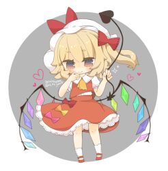 Rule 34 | 1girl, ascot, bat wings, blonde hair, blush, chibi, crystal, flandre scarlet, full body, hat, hat ribbon, laevatein (touhou), mob cap, multicolored wings, one-hour drawing challenge, one side up, puffy short sleeves, puffy sleeves, red eyes, red skirt, red vest, ribbon, short sleeves, side ponytail, skirt, skirt set, solo, thighhighs, touhou, vest, white hat, wings, yaco (nuitnotte), yellow ascot