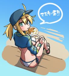 Rule 34 | 1girl, ahoge, akitokage, artoria pendragon (fate), baseball cap, bikini, blonde hair, blue eyes, blue hat, blue jacket, blush, breasts, cropped jacket, curry, eating, fate/grand order, fate (series), food, hair between eyes, hair through headwear, hat, highres, jacket, large breasts, long hair, long sleeves, looking at viewer, looking back, mysterious heroine x (fate), mysterious heroine xx (fate), ponytail, sandals, shrug (clothing), sidelocks, sitting, solo, speech bubble, swimsuit, thighs, translation request, white bikini, wristband