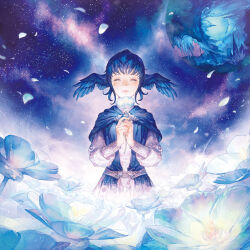 Rule 34 | 1girl, album cover, bird wings, blue capelet, blue flower, blue hair, brooch, capelet, closed eyes, cover, dress, facing viewer, falling petals, feathered wings, field, final fantasy, final fantasy xiv, flower, flower field, galaxy, glowing flower, head wings, highres, holding, holding flower, jewelry, meteion, official art, own hands together, petals, planet, scenery, short hair, sky, solo, space, standing, star (sky), starry sky, straight-on, upper body, white dress, wings