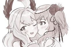 Rule 34 | 2girls, :d, ahoge, blush, brown theme, enna alouette, flower, hair flower, hair ornament, head wings, heart, heart in mouth, highres, licking, licking another&#039;s cheek, licking another&#039;s face, long hair, monochrome, multiple girls, nijisanji, nijisanji en, one eye closed, open mouth, rose, rosemi lovelock, simple background, smile, telomere, tongue, tongue out, virtual youtuber, white background, wings, yuri