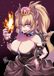 Rule 34 | 1girl, blonde hair, bowsette, breasts, collar, crown, dress, erect sawaru, female focus, fire, horns, huge breasts, long hair, looking at viewer, mario (series), new super mario bros. u deluxe, nintendo, shiny skin, simple background, solo, super crown, super mario bros. 1, tail, upper body, weapon