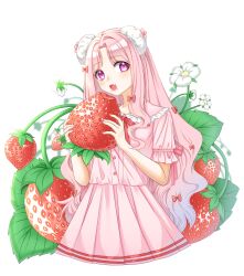 Rule 34 | 1girl, :d, absurdres, bow, cropped torso, curly hair, dress, eating, fang, flower, food, frilled dress, frills, fruit, hair bow, hair intakes, hair ornament, highres, holding, holding food, kumu zaisheng, leaf, long hair, looking to the side, open mouth, original, oversized food, oversized object, parted bangs, pink bow, pink dress, pink eyes, pink hair, pleated dress, short sleeves, skin fang, smile, solo, strawberry, very long hair, white background, white flower