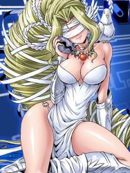 Rule 34 | 1girl, bird, blindfold, blonde hair, breasts, choker, clam, cleaned, covered eyes, digimon, digimon (creature), digimon collectors, dove, dress, female focus, hetero, hotan (digimon), huge breasts, jewelry, long hair, lowres, monster girl, necklace, official art, olive (digimon), olympos xii, oyster, sitting, smirk, solo, thighs, venusmon, very long hair, wide hips