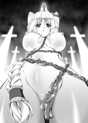 Rule 34 | 1girl, :o, arms behind head, ayuhara hiiro, bad id, bad pixiv id, bdsm, bondage, bound, braid, breasts, chain, completely nude, convenient censoring, cross, from below, greyscale, highres, huge breasts, kyoukaisenjou no horizon, large breasts, long hair, mary stuart, monochrome, nipples, nude, puffy nipples, pussy, pussy peek, scar, single braid, solo, very long hair