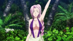 Rule 34 | 1girl, animated, animated gif, bikini, bouncing breasts, braid, breasts, cleavage, closed eyes, firenda (plunderer), large breasts, long hair, lowres, mole, mole under mouth, outdoors, pink hair, plunderer, ponytail, purple bikini, single braid, slingshot swimsuit, solo, swimsuit