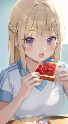 Rule 34 | 1girl, adidas, blonde hair, blush, braid, cup, ears visible through hair, eating, food, glass, highres, holding, holding food, jam, looking at viewer, open mouth, original, purple eyes, shirt, side braid, solo, t-shirt, teeth, toast, upper body, upper teeth only, yeolyeo