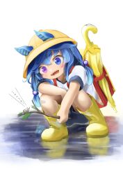 Rule 34 | 1girl, absurdres, aged down, animal ears, aqua hair, backpack, bag, bandaid, bandaid on knee, bandaid on leg, blue eyes, blue hair, blue shorts, boots, child, closed umbrella, commentary, ears through headwear, gradient hair, hair bobbles, hair ornament, hair tie, hat, heterochromia, highres, holding, holding stick, horse girl, long hair, multicolored hair, open mouth, puddle, purple eyes, randoseru, reflection, ricca miz, rubber boots, school hat, sharp teeth, shirt, short sleeves, shorts, signature, simple background, smile, snail, solo, speed lines, squatting, stick, t-shirt, teeth, translated, twin turbo (umamusume), umamusume, umbrella, water, white background, white shirt, yellow footwear, yellow hat, yellow umbrella