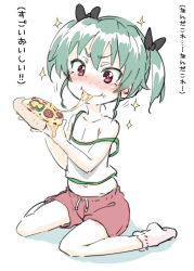Rule 34 | 10s, 1girl, aged down, alternate hairstyle, anchovy (girls und panzer), black ribbon, blush, camisole, closed mouth, eating, food, food on face, full body, girls und panzer, green hair, hair ribbon, highres, holding, holding food, holding pizza, miyao ryuu, navel, pink shorts, pizza, red eyes, ribbon, shirt, short hair, short twintails, shorts, simple background, sitting, smile, socks, solo, sparkle, strap slip, twintails, wariza, white background, white shirt, white socks
