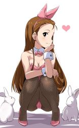 Rule 34 | 1girl, absurdres, bare shoulders, blush, bow, bowtie, breasts, brown hair, cleavage, closed mouth, detached collar, fishnet pantyhose, fishnets, full body, hairband, hand on own chin, head rest, heart, highres, idolmaster, idolmaster (classic), leotard, long hair, looking at viewer, minase iori, pantyhose, pink bow, pink bowtie, pink eyes, pink hairband, playboy bunny, rabbit, simple background, small breasts, smile, solo, spoken heart, squatting, very long hair, white background, yumekaranigeruna