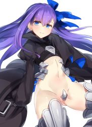 Rule 34 | 10s, 1girl, armored boots, bad id, bad pixiv id, black coat, blue ribbon, blush, boots, coat, crotch plate, fate/extra, fate/extra ccc, fate (series), hair between eyes, hair ribbon, hip focus, juliet sleeves, long hair, long sleeves, looking at viewer, maebari, meltryllis (fate), navel, pokoten (pokoten718), puffy sleeves, purple hair, revealing clothes, ribbon, simple background, sleeves past wrists, smile, solo, thighs, very long hair, white background