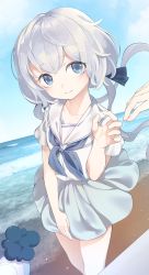 Rule 34 | 1girl, absurdres, arm up, beach, blue eyes, blue skirt, cloud, highres, konno junko, long hair, low twintails, miniskirt, ocean, outdoors, outstretched hand, peaceyj, ribbon, sailor collar, sailor shirt, shirt, silver hair, skirt, skirt tug, sky, smile, solo focus, twintails, very long hair, white shirt, wind, wind lift, zombie land saga
