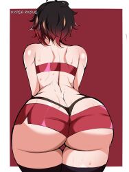 Rule 34 | 1girl, ass, bare shoulders, black hair, butt crack, from behind, gradient hair, huge ass, hyperrxgue, leaning, leaning forward, multicolored hair, red hair, red shorts, ruby rose, rwby, short hair, short shorts, shorts, solo, strapless, sweat, thick thighs, thighhighs, thighs, thong, tube top, whale tail (clothing)