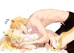 Rule 34 | 1boy, 1girl, ahoge, animal ears, artoria pendragon (fate), bad id, bad pixiv id, cat ears, cat tail, couple, closed eyes, fate/stay night, fate (series), gilgamesh (fate), hair down, hetero, highres, jisue10, korean text, licking, long hair, lying, motion lines, muscular, nipples, panties, saber (fate), topless male, simple background, tail, underwear, white background