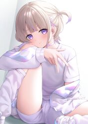 Rule 34 | 1girl, :t, baggy socks, blonde hair, blunt bangs, blush, cameltoe, choker, closed mouth, faubynet, hair ornament, highres, hololive, iridescent, jacket, leg up, looking at viewer, multicolored hair, purple choker, purple eyes, purple hair, shirt, short hair, shorts, sitting, smile, solo, streaked hair, todoroki hajime, two side up, v, virtual youtuber, white jacket, white leg warmers, white shirt, white shorts