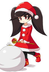Rule 34 | 1girl, :o, ashley (warioware), big hair, black hair, black pantyhose, blush stickers, christmas, commentary request, dress, flat chest, full body, fur-trimmed dress, fur trim, hat, highres, holding, holding staff, korutana, long hair, long sleeves, looking at viewer, nintendo, open mouth, pantyhose, red dress, red eyes, red footwear, sack, santa costume, santa hat, simple background, solo, staff, standing, standing on one leg, swept bangs, twintails, warioware, white background