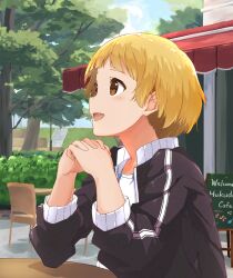 Rule 34 | 1girl, black jacket, blonde hair, brown eyes, bush, chair, cloud, cloudy sky, day, elbow on table, fukuda noriko, highres, idolmaster, idolmaster million live!, idolmaster million live! theater days, interlocked fingers, jacket, long sleeves, looking at another, open mouth, outdoors, rauto, shirt, short hair, sitting, sky, smile, solo, table, track jacket, tree, white shirt