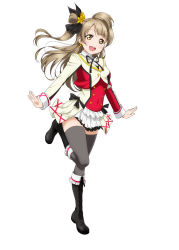Rule 34 | 10s, 1girl, blonde hair, blush, boots, bow, bowtie, brown eyes, earrings, frills, full body, grey thighhighs, hair bun, highres, jacket, jewelry, knee boots, leg up, long hair, looking at viewer, love live!, love live! school idol festival, love live! school idol project, minami kotori, open mouth, simple background, single hair bun, smile, solo, standing, thighhighs, white background, zettai ryouiki