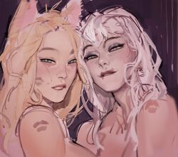 Rule 34 | 2girls, ahri (league of legends), animal ears, bare shoulders, biting own lip, black eyeshadow, blonde hair, blue eyes, blush, breasts, close-up, demon, demon girl, evelynn (league of legends), eyeshadow, fox ears, fox girl, highres, league of legends, lipstick mark, long hair, looking at viewer, makeup, medium breasts, messy hair, multiple girls, pink lips, red lips, seansketches, sidelocks, slit pupils, source request, squinting, the baddest ahri, the baddest evelynn, unfinished, white hair, yellow eyes, yuri