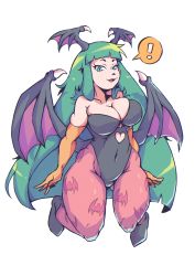 Rule 34 | !, 1girl, absurdres, animal print, bare shoulders, bat print, blunt bangs, breasts, cleavage, collarbone, covered navel, elbow gloves, full body, gloves, green eyes, green hair, head wings, highres, large breasts, leotard, long hair, looking at viewer, morrigan aensland, open mouth, pantyhose, poorsdraws, print pantyhose, simple background, solo, spoken exclamation mark, thick thighs, thighs, tsurime, vampire (game), white background, wings