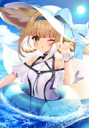 Rule 34 | 1girl, adapted costume, animal ear fluff, animal ears, arknights, bare shoulders, blonde hair, blue bow, blue sky, blunt bangs, bow, braid, braided hair rings, breasts, casual one-piece swimsuit, commentary request, covered navel, day, fox ears, fox girl, fox tail, frilled one-piece swimsuit, frilled swimsuit, frills, green eyes, haiba 09, hair rings, hand up, hat, hat bow, hat ornament, innertube, lens flare, looking at viewer, multicolored hair, multiple tails, ocean, one-piece swimsuit, one eye closed, outdoors, parted lips, partially submerged, short hair, sky, small breasts, solo, sun, sun hat, suzuran (arknights), swim ring, swimsuit, tail, two-tone hair, water, white hair, white hat, wrist cuffs
