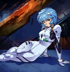 Rule 34 | 1girl, arm support, ayanami rei, blue hair, breasts, cable, closed mouth, hair between eyes, highres, interface headset, looking at viewer, medium breasts, neon genesis evangelion, optionaltypo, plugsuit, red eyes, short hair, sitting, solo