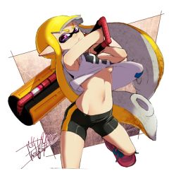 Rule 34 | 1girl, armpits, arms behind back, artist name, bike shorts, black shorts, blonde hair, blunt bangs, breasts, carbon roller (splatoon), closed mouth, clothes lift, cowboy shot, cropped legs, cross-laced footwear, frown, glaring, holding, holding weapon, inkling, inkling girl, inkling player character, isamu-ki (yuuki), long hair, looking at viewer, mask, midriff, navel, nintendo, no bra, pink footwear, pointy ears, shirt, shirt lift, shoes, short sleeves, shorts, sideboob, signature, single vertical stripe, small breasts, sneakers, solo, splatoon (series), standing, standing on one leg, t-shirt, tentacle hair, underboob, upshirt, weapon, white shirt