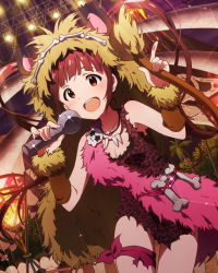 Rule 34 | 10s, 1girl, :d, animal ears, bone, brown hair, character name, fake animal ears, fire, frameless, idolmaster, idolmaster million live!, jewelry, long hair, looking at viewer, matsuda arisa, microphone, million live card, music, necklace, official art, open mouth, orange eyes, outdoors, palm tree, singing, skull necklace, smile, solo, teeth, tooth necklace, tree, twintails, upper teeth only, volcano, wireless