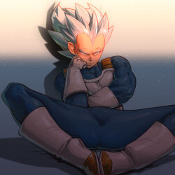 Rule 34 | 1boy, alternate universe, boots, bulge, chin rest, closed mouth, collarbone, dragon ball, dragon ball super, gloves, head on head, head rest, light particles, male focus, muscular, muscular male, on ground, saiyan armor, shadow, solo, spiked hair, supobi, ultra instinct, vegeta, white eyes, white gloves, white hair