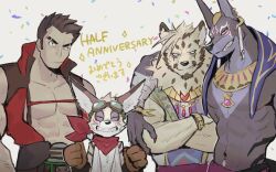 Rule 34 | 4boys, abs, amorey (another eidos), animal ears, anniversary, another eidos-r, arm on another&#039;s shoulder, bandages, bara, bare pectorals, black hair, clenched hands, closed eyes, closed mouth, collared jacket, crossed arms, eyebrow cut, facial mark, fangs, fingernails, furry, furry male, goggles, goggles on head, gold necklace, grey background, grin, hellion (another eidos), highres, jackal boy, jackal ears, jacket, jalam (another eidos), jewelry, k0bit0wani, male focus, multiple boys, muscular, muscular male, naked jacket, navel, neck fur, necklace, pectorals, red jacket, red scarf, scarf, sharp fingernails, short hair, smile, sweatdrop, upper body, v-taper, young hellion (another eidos), zacharoff (another eidos)