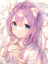 Rule 34 | 1girl, ame929, animal ear fluff, animal ears, blue eyes, bow, cat ears, cat girl, cat tail, closed mouth, collared shirt, commentary request, food, food on face, frilled pillow, frills, hair between eyes, hands up, highres, light smile, long sleeves, looking at viewer, original, pillow, purple hair, shirt, solo, stuffed animal, stuffed rabbit, stuffed toy, tail, upper body, white shirt, yellow bow