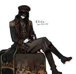 Rule 34 | 1boy, black footwear, black hair, black headwear, black pants, black veil, boots, brown vest, closed mouth, epaulettes, express train to hell, gloves, hat, lobotomy corporation, long hair, looking at viewer, male focus, nishikujic, pants, peaked cap, personification, project moon, simple background, train conductor, veil, very long hair, vest, white background, white gloves, yellow eyes