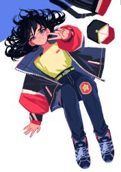 Rule 34 | 1girl, belt, black eyes, black hair, denim, from above, hat, highres, jacket, jeans, kaneni, long hair, long sleeves, looking at viewer, lying, on back, original, pants, puffy long sleeves, puffy sleeves, shirt, shirt tucked in, shoes, smile, solo, v, yellow belt, yellow shirt