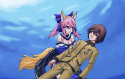 Rule 34 | 1boy, 1girl, absurdres, afloat, animal ear fluff, animal ears, bare shoulders, blue bow, blue dress, blue kimono, blue ribbon, blurry, bow, breasts, brown eyes, brown hair, cleavage, closed mouth, commentary request, detached sleeves, dress, ending, eyebrows hidden by hair, fate/extra, fate (series), fox ears, fox girl, fox tail, hair between eyes, highres, japanese clothes, kimono, kishinami hakuno (male), looking at another, ribbon, shadow, sidelocks, smile, split ponytail, tail, tamamo (fate), tamamo no mae (fate/extra), tsukumihara academy uniform (fate/extra), type-moongundam, underwater, yellow eyes