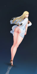 Rule 34 | 1girl, absurdres, ass, ass focus, blonde hair, blue eyes, breasts, clothes lift, dress, gigi andalusia, gundam, gundam hathaway&#039;s flash, hand on own hip, highres, large breasts, lips, lipstick, long hair, looking at viewer, looking back, makeup, shoes, skirt, skirt lift, solo, tagmeu3000, thong, white dress