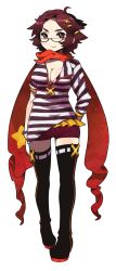 Rule 34 | 1girl, boots, bracelet, breasts, cleavage, criminal girls, full body, glasses, hair ornament, hairclip, highres, ichihaya, jewelry, medium breasts, nippon ichi, official art, ran (criminal girls), red eyes, red hair, scarf, short hair, short shorts, shorts, solo, standing, striped, thigh boots, thighhighs, transparent background