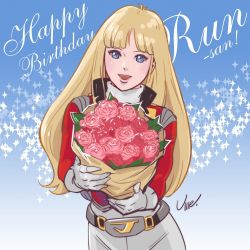 Rule 34 | 1980s (style), 1girl, alfin, belt, blonde hair, blue eyes, bouquet, breasts, crusher joe, english text, flower, gloves, happy birthday, jacket, long hair, looking at viewer, oldschool, open mouth, retro artstyle, rose, signature, smile, solo, umeno ryuuji
