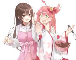 Rule 34 | 2girls, absurdres, ahoge, alternate costume, apron, bare shoulders, blush, bowl, brown eyes, brown hair, buttons, cherry blossom print, chocolate, chocolate on hand, detached sleeves, floral print, food on hand, frills, green eyes, hair ornament, highres, hololive, kase (kurimuzone oruta), multiple girls, one side up, open mouth, pink hair, sakura miko, sakura miko (1st costume), spilling, surprised, tokino sora, virtual youtuber, whisk, white background, wide sleeves, yuri