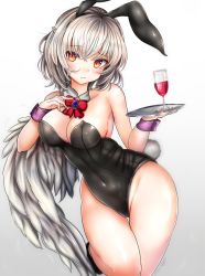 Rule 34 | 1girl, alternate costume, animal ears, armpit peek, bare arms, bare shoulders, black footwear, black leotard, bow, bowtie, breasts, brooch, cleavage, contrapposto, cowboy shot, cup, detached collar, drinking glass, fake animal ears, feathered wings, gradient background, grey background, groin, hair between eyes, hand on own chest, holding, holding tray, houdukixx, jewelry, kishin sagume, large breasts, leaning forward, leotard, light frown, looking at viewer, playboy bunny, rabbit ears, rabbit tail, red bow, red bowtie, red eyes, short hair, silver hair, single wing, solo, standing, standing on one leg, tail, thighs, touhou, tray, white background, wide hips, wine glass, wings, wrist cuffs