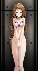 Rule 34 | 1girl, against wall, bare arms, black bow, black thighhighs, blue eyes, blush, bottomless, bow, bow bra, bra, brown hair, closed mouth, collarbone, covering crotch, covering privates, creatures (company), game freak, groin, highres, indoors, long hair, looking at viewer, messy hair, nintendo, pink bra, pokemon, pokemon xy, serena (pokemon), solo, standing, sweatdrop, tears, thighhighs, tsukishiro saika, underwear, underwear only, very long hair