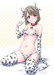 Rule 34 | 1girl, animal ears, animal print, arm support, bare shoulders, bed, bed sheet, bell, bikini, blunt bangs, blush, breasts, breasts apart, collar, collarbone, cow ears, cow horns, cow print, cow print bikini, cow tail, elbow gloves, fake animal ears, gloves, gradient background, groin, halterneck, highres, horns, light brown hair, looking at viewer, love live!, love live! nijigasaki high school idol club, medium hair, nakasu kasumi, navel, neck bell, on bed, polka dot, polka dot background, print bikini, red eyes, sitting, small breasts, smile, solo, swimsuit, tail, thighhighs, underboob, wariza, white bikini, white gloves, white thighhighs, yopparai oni