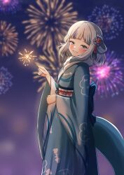 Rule 34 | 1girl, absurdres, aerial fireworks, animal print, blue eyes, blue hair, blue kimono, blush, fins, fireworks, fish print, fish tail, gawr gura, grey hair, highres, holding fireworks, hololive, hololive english, japanese clothes, kimono, looking at viewer, multicolored hair, shark girl, shark tail, sharkudon, sidelocks, smile, streaked hair, tail, virtual youtuber