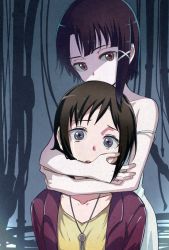 Rule 34 | 2girls, asymmetrical bangs, asymmetrical hair, bare shoulders, brown eyes, brown hair, cable, chemise, commentary request, covering own mouth, crying, crying with eyes open, grey eyes, hair ornament, hairclip, head hug, hug, hug from behind, iwakura lain, jacket, jewelry, looking at viewer, mizuki alice, multiple girls, necklace, niina ryou, off shoulder, open mouth, partial commentary, red jacket, round teeth, serial experiments lain, shaded face, shirt, short hair, sleepwear, spaghetti strap, strap slip, streaming tears, tears, teeth, upper teeth only, yellow shirt, yuri