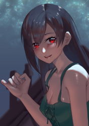 Rule 34 | 1girl, absurdres, aged down, bad id, bad pixiv id, breasts, brown hair, chinese commentary, cleavage, commentary request, dress, final fantasy, final fantasy vii, final fantasy vii remake, green dress, highres, jmao, looking at viewer, medium breasts, night, night sky, open mouth, pinky out, red eyes, sitting, sky, smile, solo, tifa lockhart, upper body