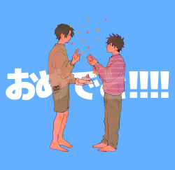 Rule 34 | 2boys, barefoot, black hair, blue background, brown pants, brown shorts, brown sweater, cake, cake slice, commentary request, confetti, congratulations, eye contact, facial hair, food, full body, goatee stubble, hacchi (napoli no otokotachi), highres, holding, holding plate, jack-o&#039; ran-tan, long sleeves, looking at another, male focus, multiple boys, napoli no otokotachi, oko da yo, pants, party popper, plate, profile, purple sweater, short hair, shorts, simple background, standing, striped clothes, striped sweater, stubble, sweater, translation request, translucent, unmoving pattern, v-shaped eyebrows