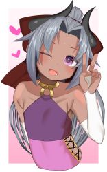 Rule 34 | 1girl, ;d, bare shoulders, blush, bow, bridal gauntlets, collarbone, commentary request, cropped torso, dark-skinned female, dark skin, dress, flat chest, gloggy, grey hair, hair bow, hand up, head tilt, heart, highres, horns, long hair, one eye closed, open mouth, original, parted bangs, pink background, pink dress, ponytail, purple dress, purple eyes, red bow, smile, solo, two-tone background, upper body, v, very long hair, white background