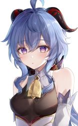 Rule 34 | 1girl, ahoge, bare shoulders, bell, black bow, blue hair, blush, bodysuit, bow, breasts, brown bodysuit, detached collar, detached sleeves, ganyu (genshin impact), genshin impact, goat horns, gold, hair between eyes, hair bow, highres, horns, jewelry, long hair, long sleeves, looking at viewer, medium breasts, neck bell, necklace, open mouth, ponytail, pudding cream, purple eyes, sidelocks, simple background, solo, sparkle, upper body, white background, wide sleeves