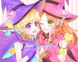 Rule 34 | 2girls, cape, chocolat meilleure, commentary, dress, english commentary, gloves, green eyes, hat, heart, heart pendant, heart wand, highres, holding, holding wand, long hair, looking at viewer, multiple girls, muyari art, orange hair, pink cape, pink gloves, pink hat, purple cape, purple eyes, purple gloves, purple hat, short hair, smile, strapless, strapless dress, sugar sugar rune, upper body, vanilla mieux, wand, witch hat