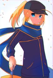 Rule 34 | 1girl, ahoge, artoria pendragon (fate), baseball cap, blonde hair, blue eyes, blue scarf, blurry, blurry background, commentary request, excalibur (fate/stay night), fate/grand order, fate (series), hand on hilt, hat, highres, holding, holding sword, holding weapon, jacket, long sleeves, looking at viewer, mysterious heroine x (fate), nyokichi (nyokitto!), ponytail, purple jacket, scarf, solo, standing, sword, upper body, weapon
